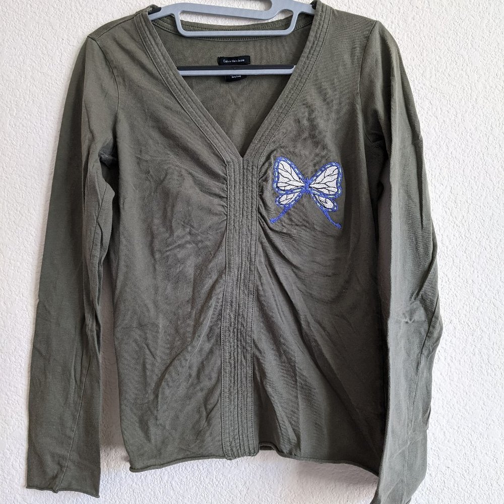 Embroidered Demon Slayer Green Khaki Vneck Purple Butterfly Blouse Top